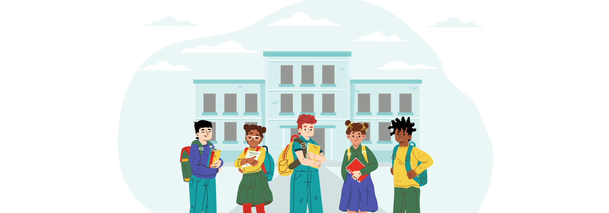 Illustration de cinq enfants de culture variés devant une école.