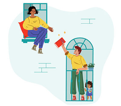 Illustration de deux personnes devant un bloc appartement s'échangeant un livre.