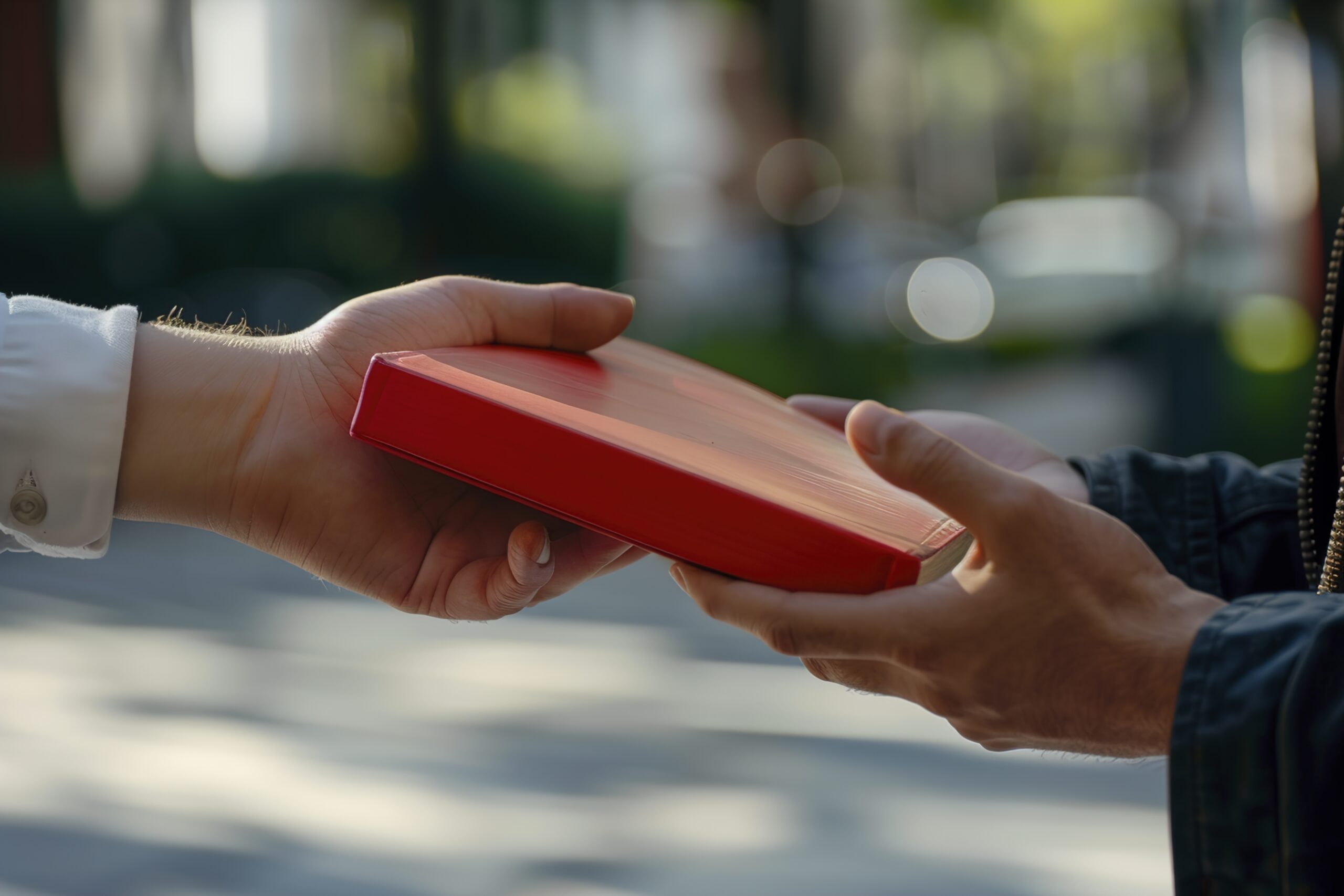A Man gives a red book to a colleague.